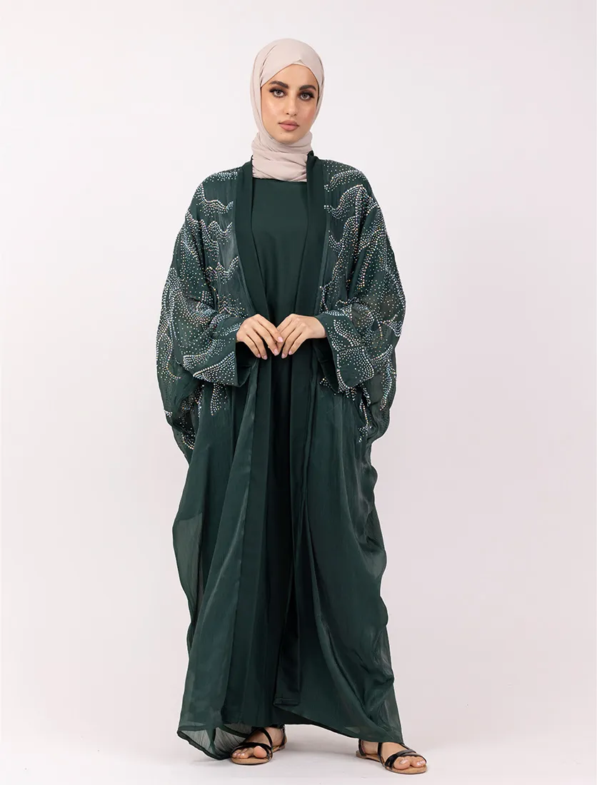 Green Crystal Embellished Sheer Overlay Abaya